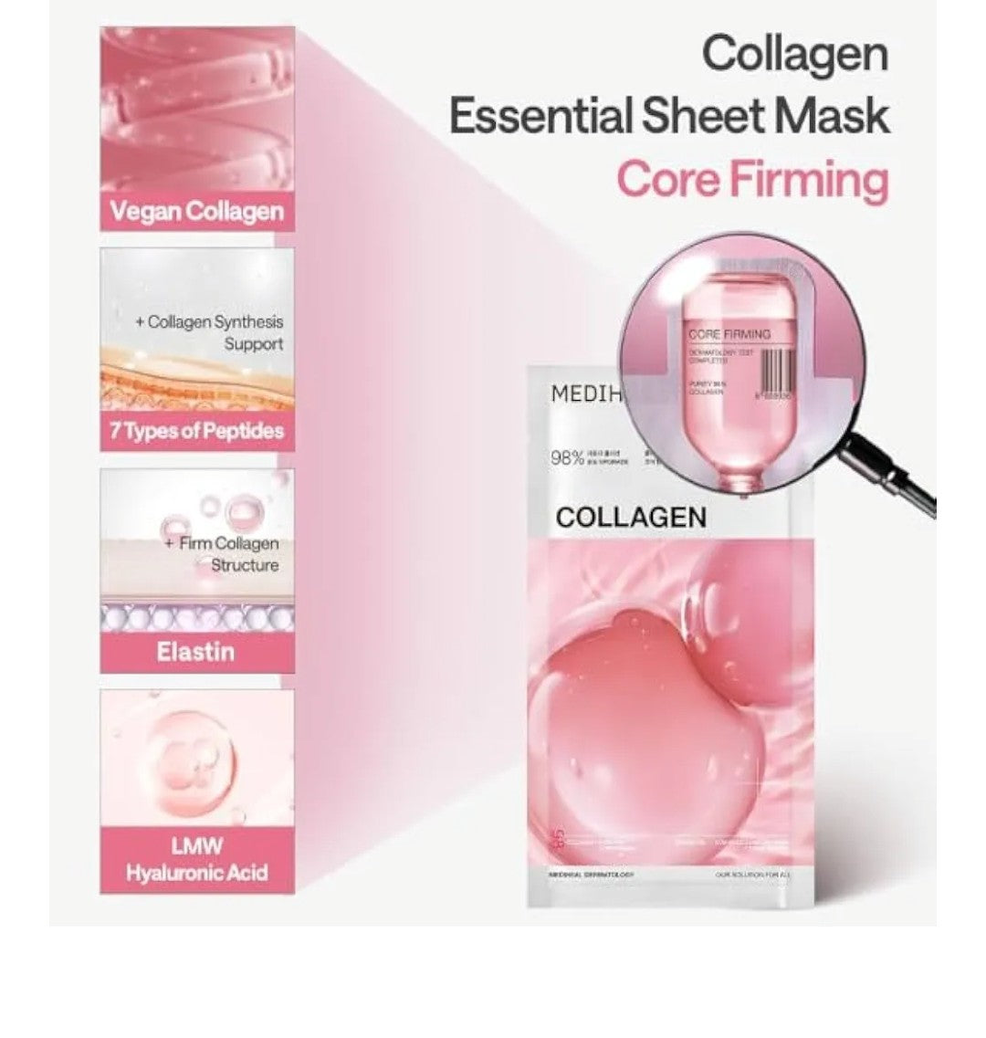 Collagen essential sheet mask packaging with product details on a white background