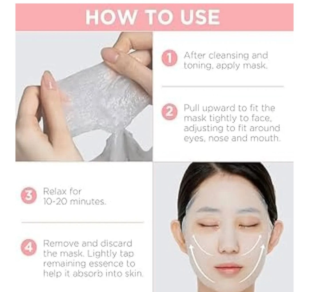 Instructions on how to use a facial mask with text and images.