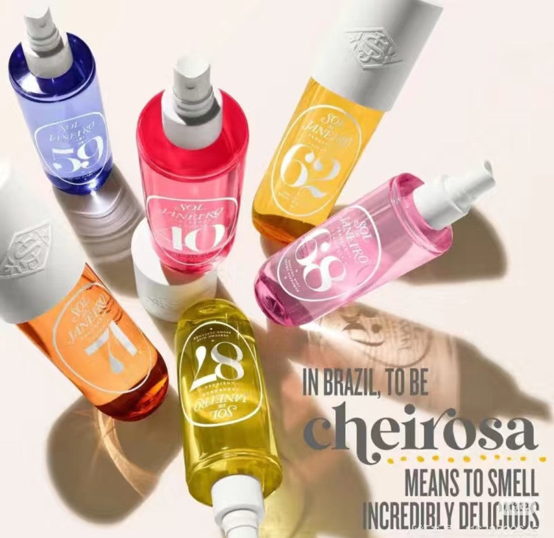Colorful bottles with visible labels on a light background, featuring text about 'cheirosa'.
