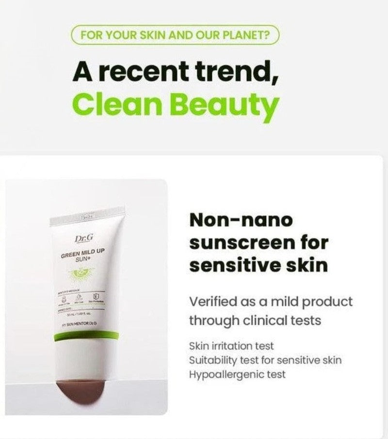 Advertisement for Dr. G sunscreen with text about clean beauty and non-nano sunscreen for sensitive skin.