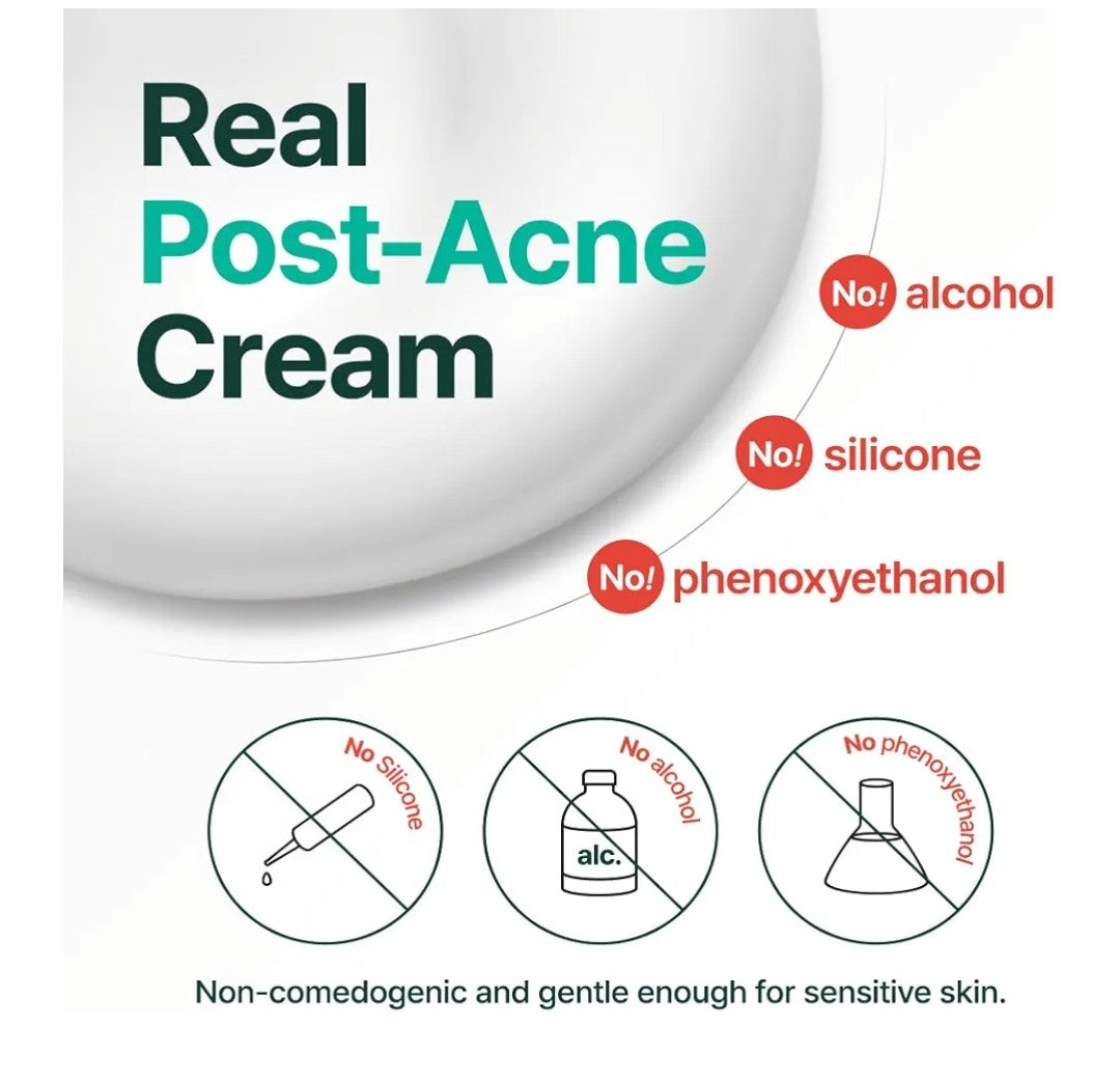 Advertisement for 'Real Post-Acne Cream' with ingredients highlighted on a white background.