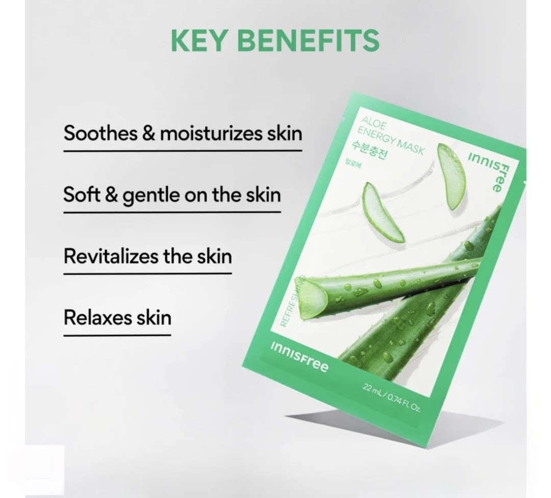 Innisfree aloe energy mask packaging with key benefits listed on a white background