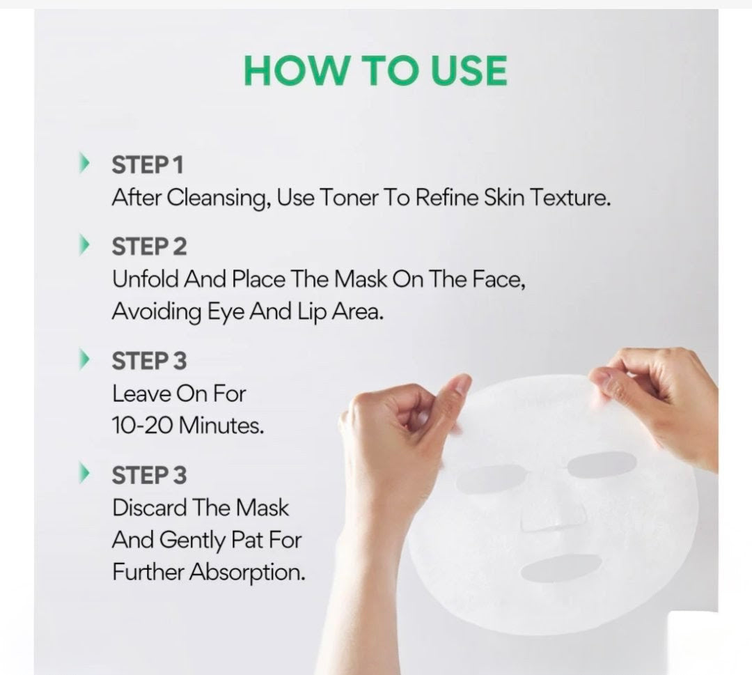 Instructions on how to use a facial mask with text and a person holding the mask.