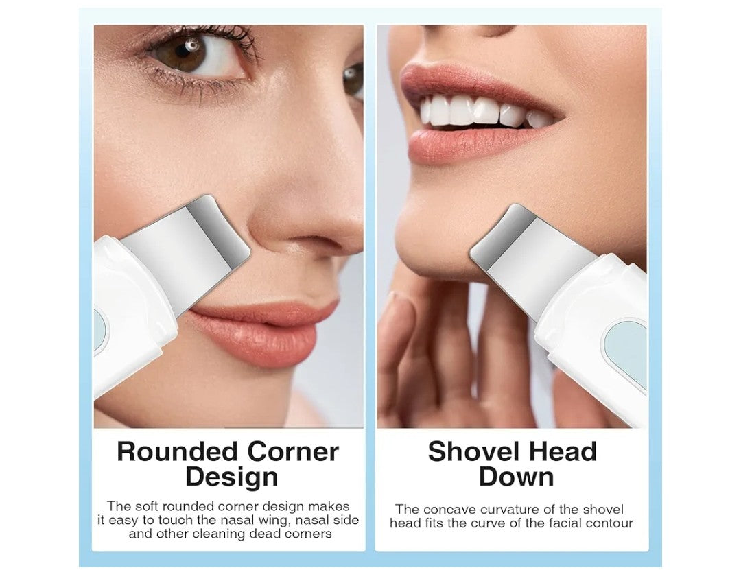 Two views of a facial cleaning device with labeled features on a light blue background.