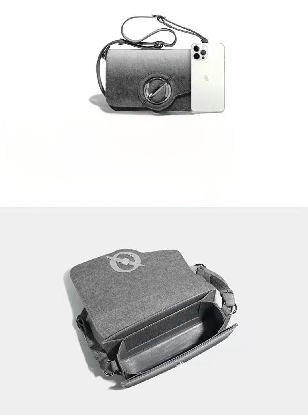 Gray phone case with a strap and a phone inside on a white background