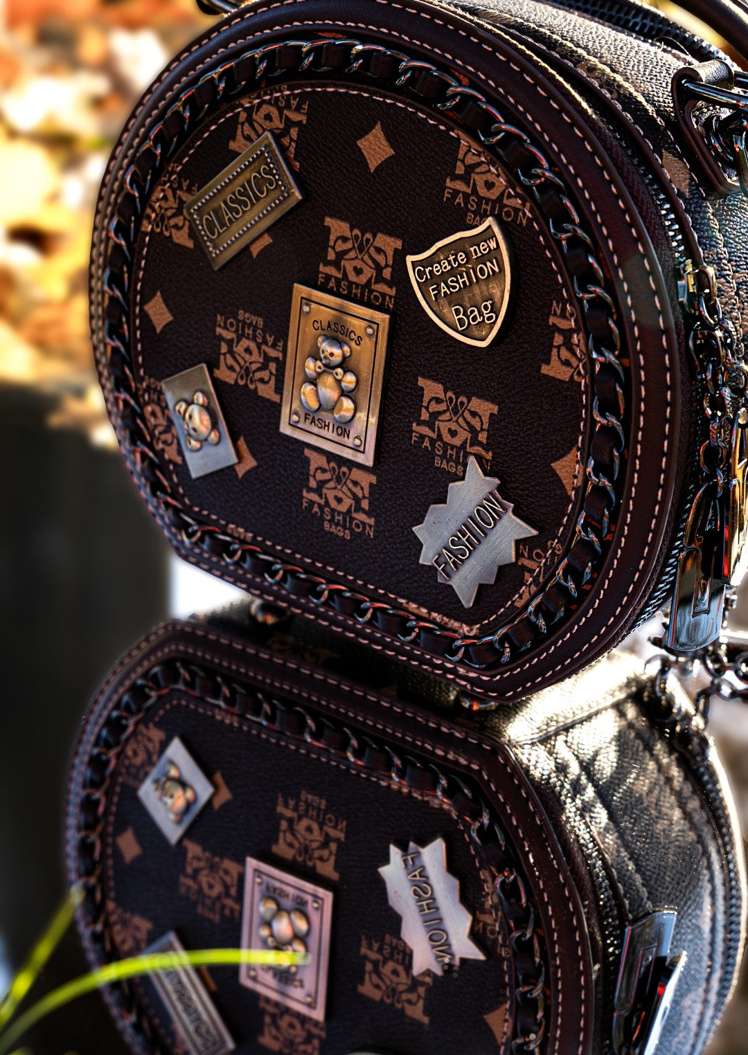 Rockland Round Crossbody Bag – Brown PU Leather with Patch Details
