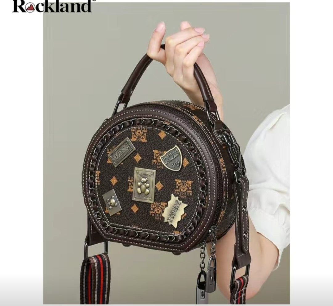 Rockland Round Crossbody Bag – Brown PU Leather with Patch Details