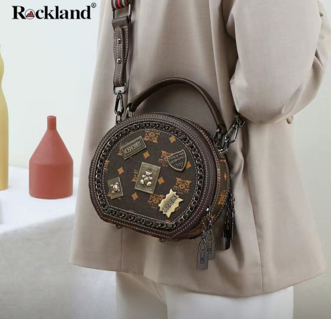 Rockland Round Crossbody Bag – Brown PU Leather with Patch Details