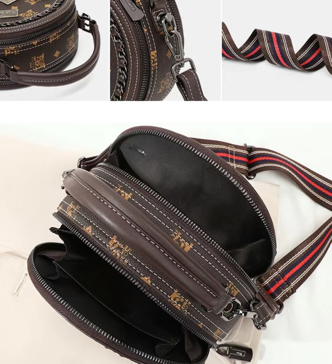 Brown leather bag with red and black strap on a white background