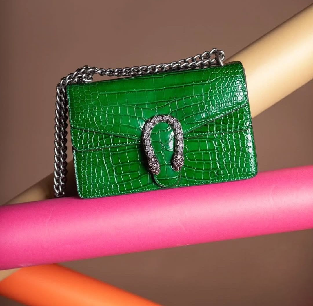 Crocodile Embossed Shoulder Bag with Chain – Black or Green
