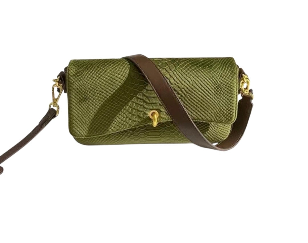 Green Croc-Embossed Shoulder Bag with Dual Handles