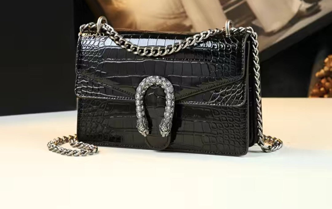 Crocodile Embossed Shoulder Bag with Chain – Black or Green