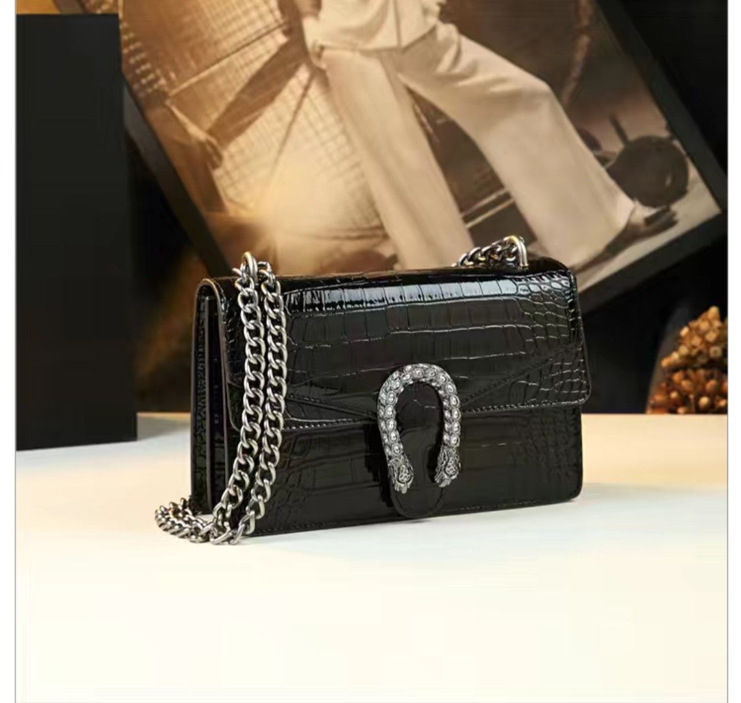 Crocodile Embossed Shoulder Bag with Chain – Black or Green