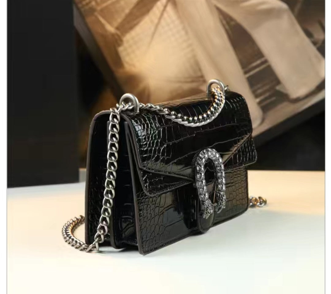 Crocodile Embossed Shoulder Bag with Chain – Black or Green