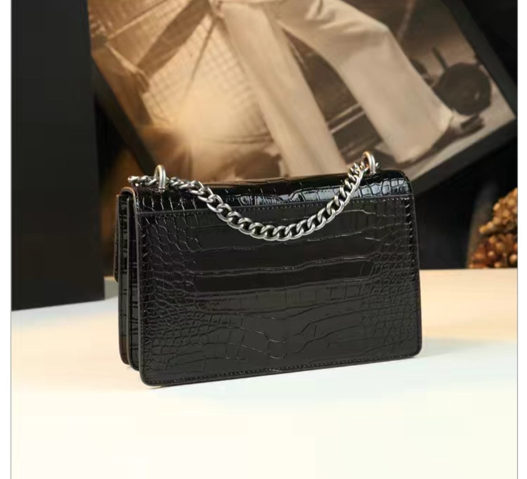 Crocodile Embossed Shoulder Bag with Chain – Black or Green