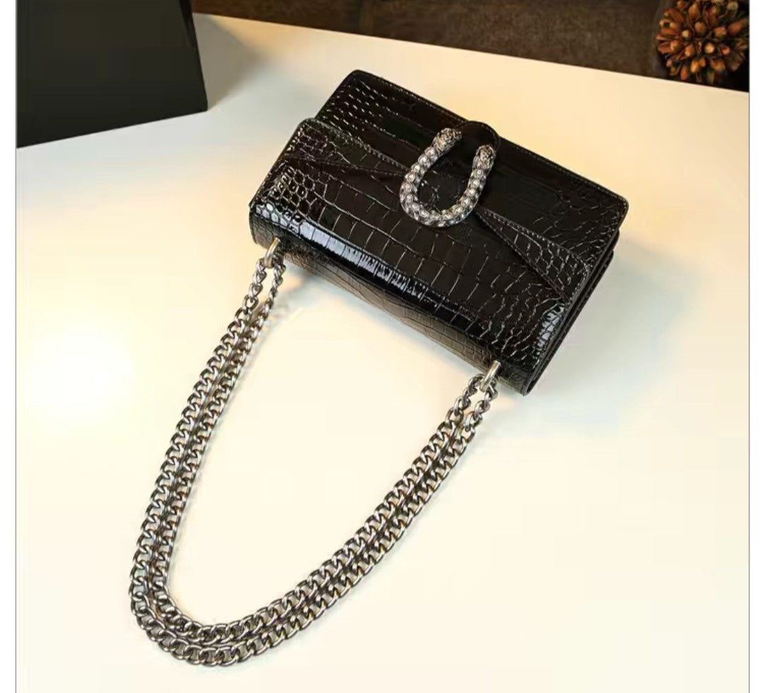 Crocodile Embossed Shoulder Bag with Chain – Black or Green