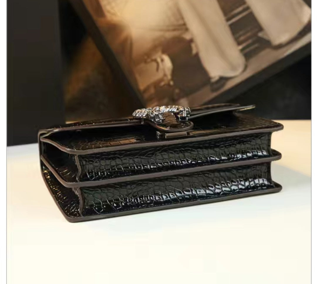 Crocodile Embossed Shoulder Bag with Chain – Black or Green
