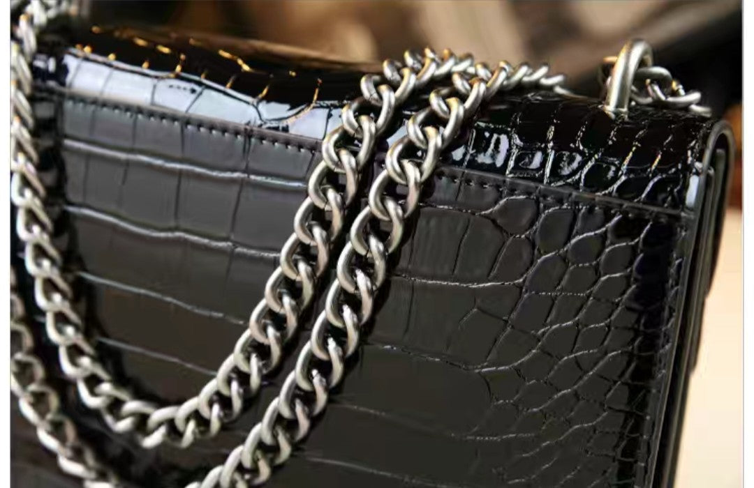 Crocodile Embossed Shoulder Bag with Chain – Black or Green
