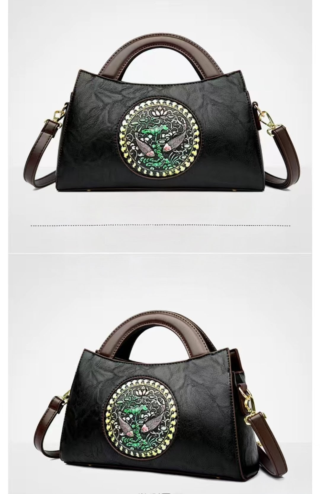 Black handbag with decorative emblem on a white background
