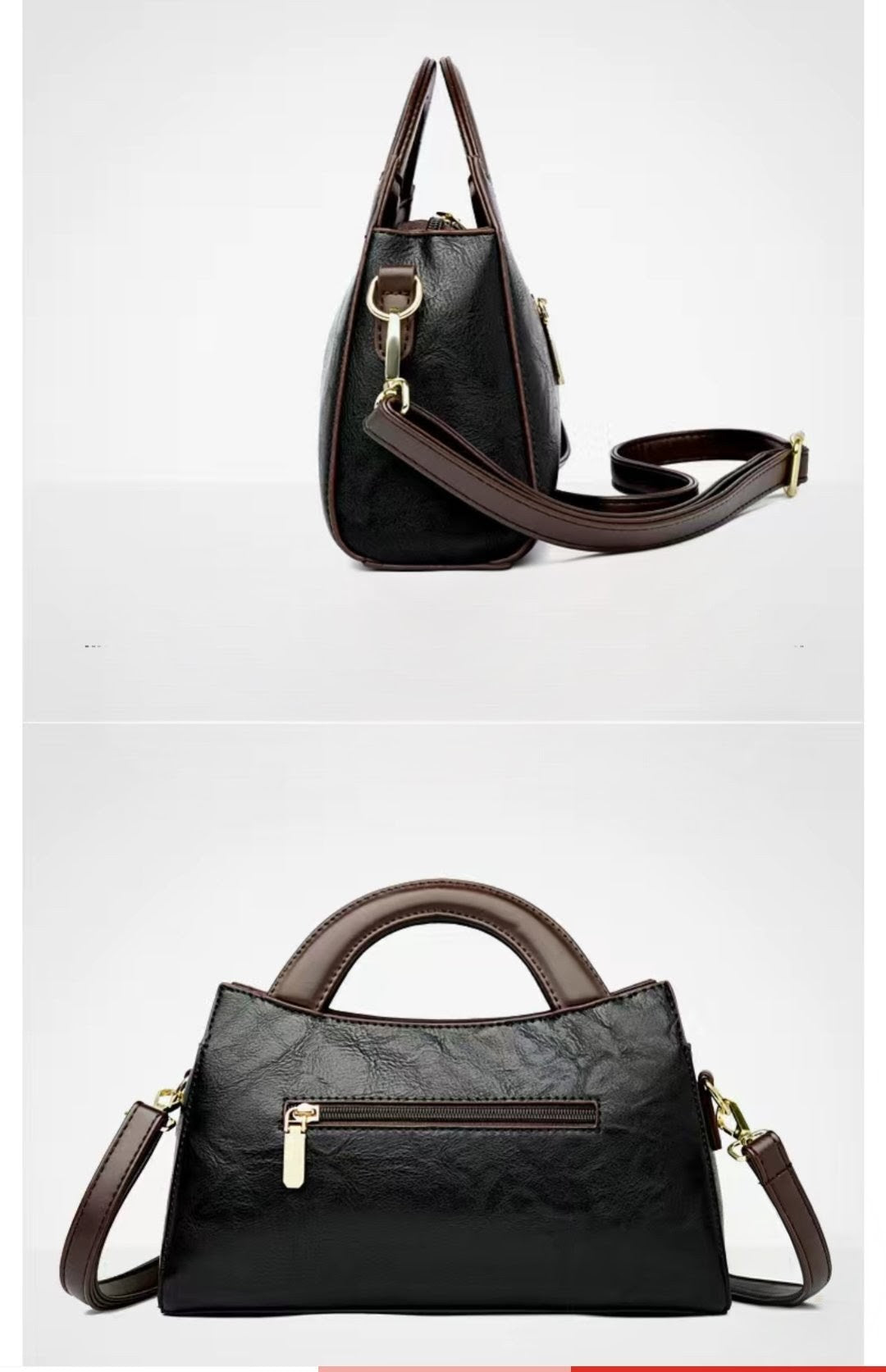 Black handbag with brown accents on a white background