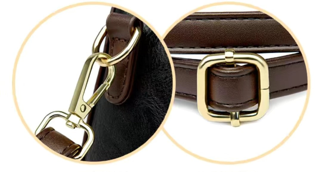 Close-up of a brown leather belt with gold hardware on a white background