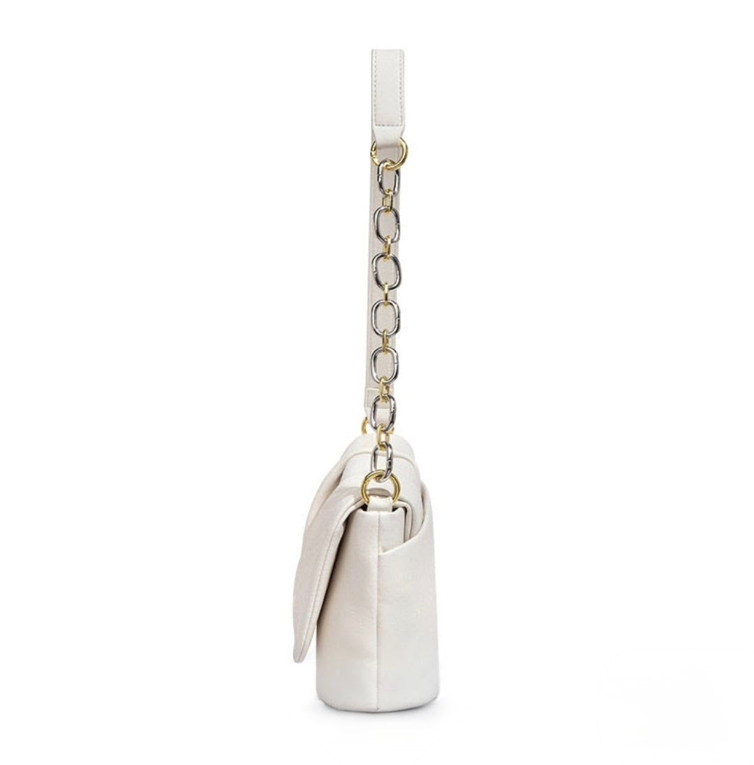 Silver handbag with a chain strap on a white background