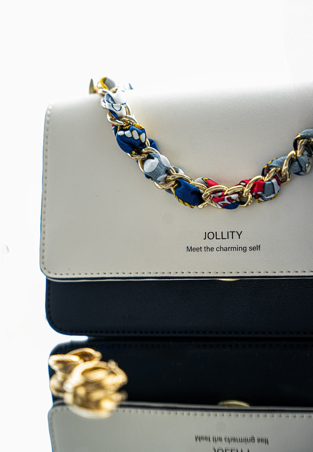 Women’s Blue and White Crossbody Bag – Small PU Leather Shoulder Purse with Chain and Scarf Strap