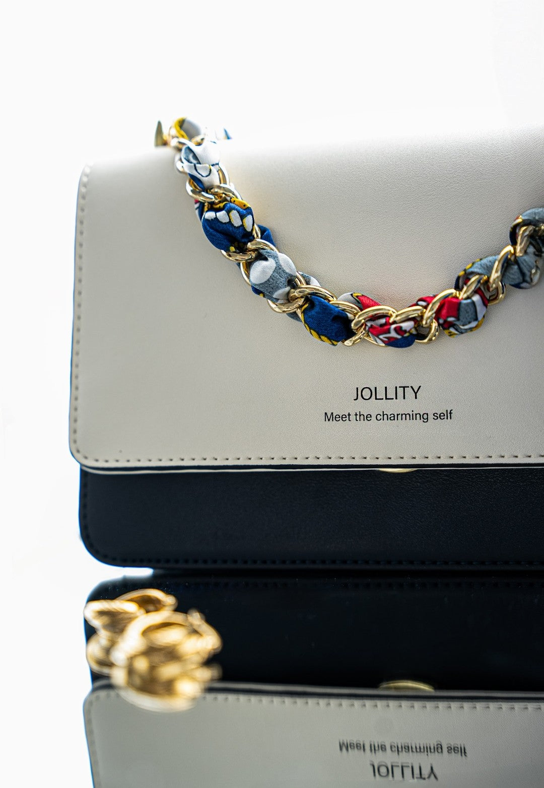 Women’s Blue and White Crossbody Bag – Small PU Leather Shoulder Purse with Chain and Scarf Strap