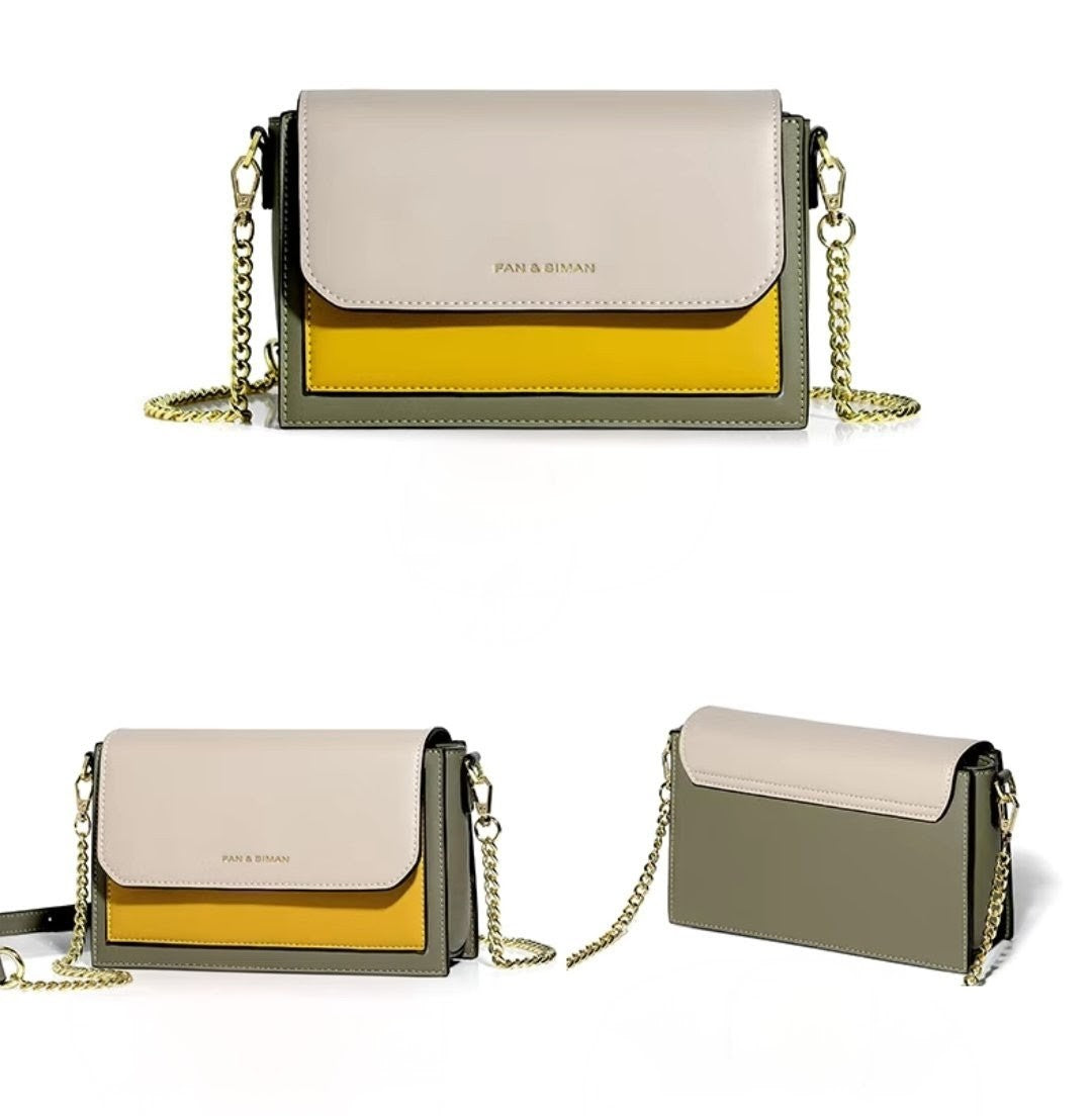 Two views of a handbag with a beige and yellow color scheme on a white background.
