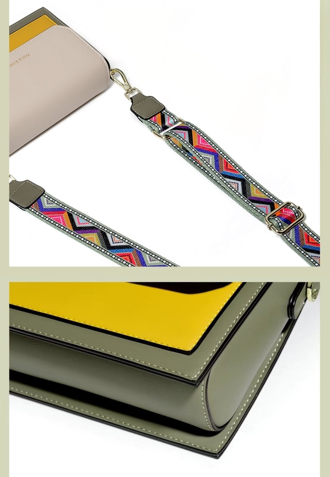 Close-up of a handbag with a colorful strap and yellow accents.