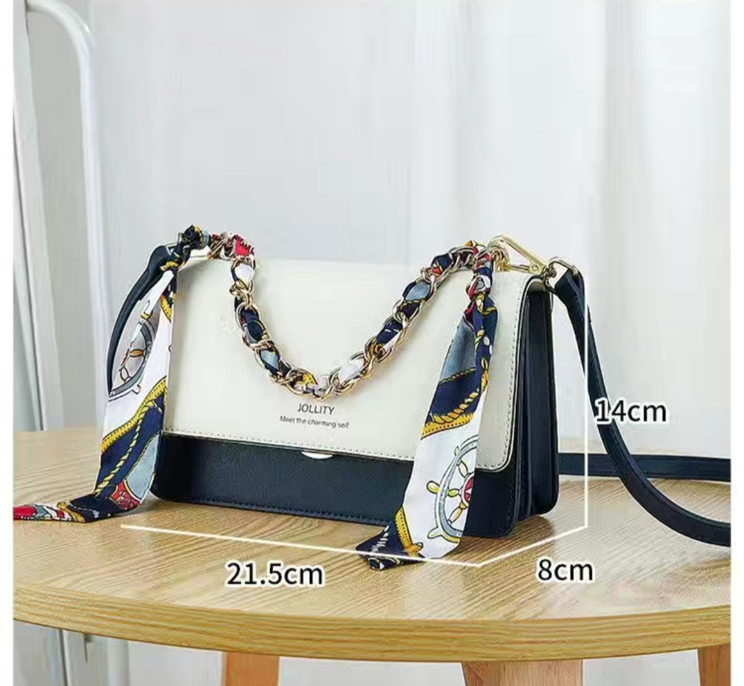 Women’s Blue and White Crossbody Bag – Small PU Leather Shoulder Purse with Chain and Scarf Strap