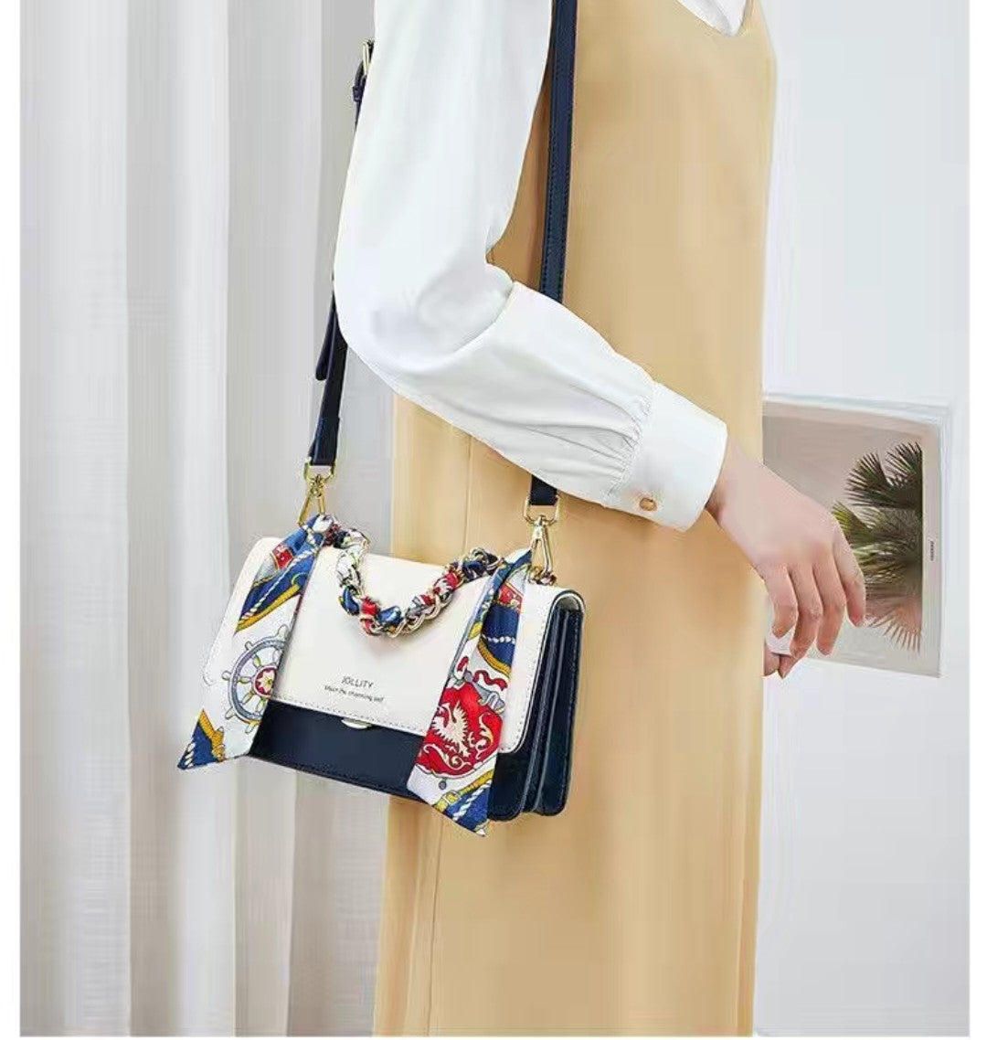 Women’s Blue and White Crossbody Bag – Small PU Leather Shoulder Purse with Chain and Scarf Strap