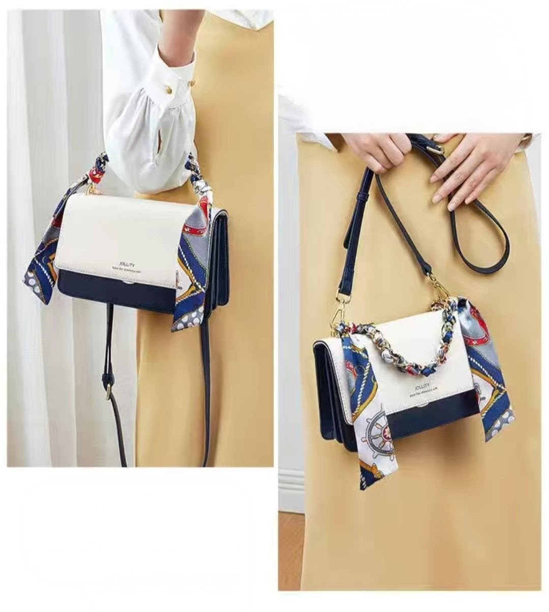 Women’s Blue and White Crossbody Bag – Small PU Leather Shoulder Purse with Chain and Scarf Strap