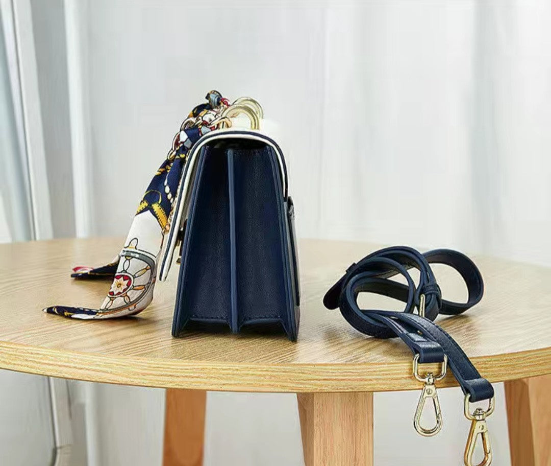 Women’s Blue and White Crossbody Bag – Small PU Leather Shoulder Purse with Chain and Scarf Strap