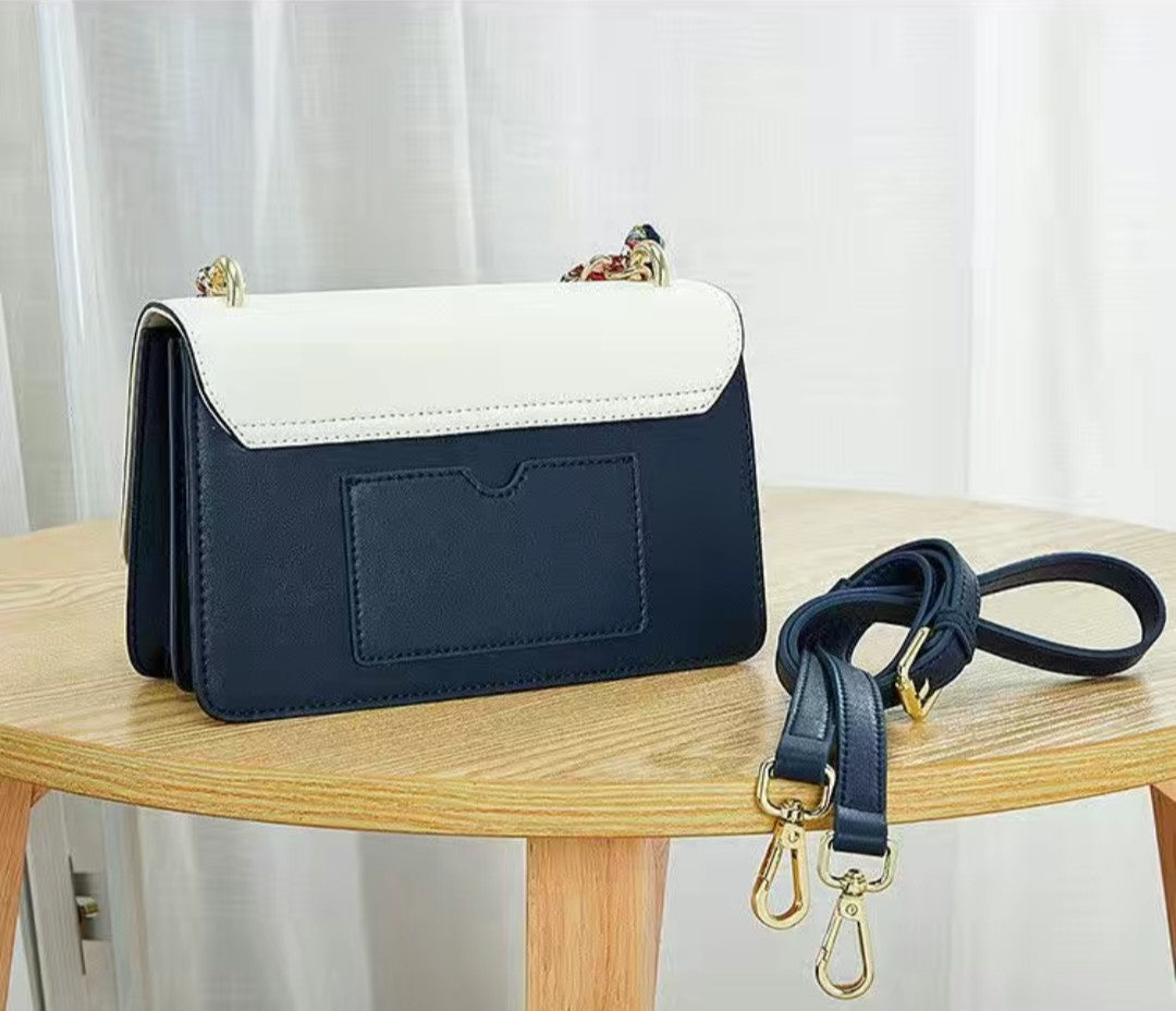 Women’s Blue and White Crossbody Bag – Small PU Leather Shoulder Purse with Chain and Scarf Strap