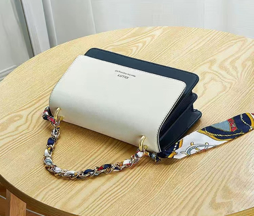 Women’s Blue and White Crossbody Bag – Small PU Leather Shoulder Purse with Chain and Scarf Strap