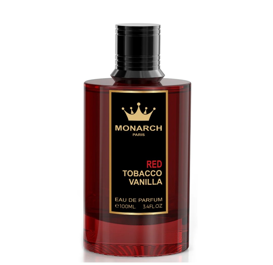 Red perfume bottle with black cap and 'Monarch Paris' label on a white background