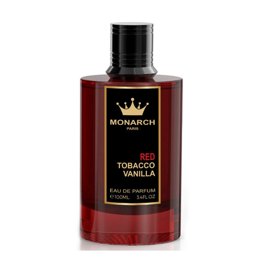 Red perfume bottle with black cap and 'Monarch Paris' label on a white background