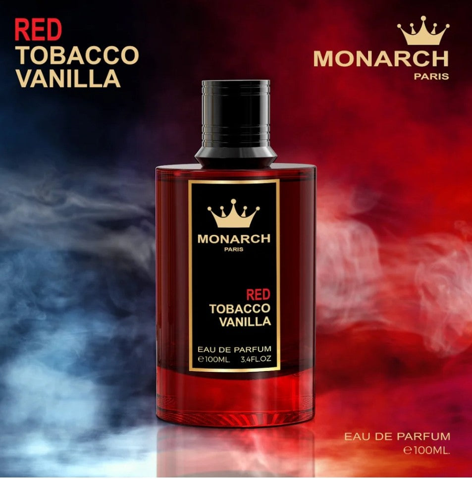 Monarch Paris Red Tobacco Vanilla perfume bottle with colorful smoke effects