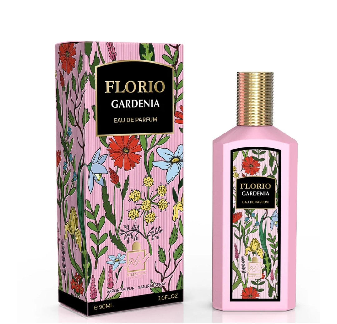 Florio Gardenia Eau de Parfum packaging with floral design on a white background
