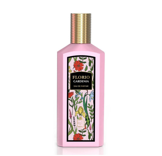 Pink perfume bottle with floral design and 'Florio Gardenia' label on a white background