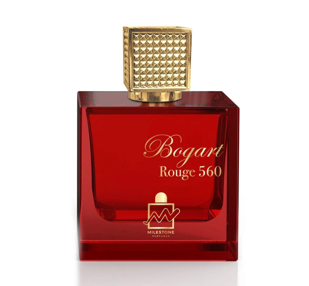 Red perfume bottle with gold cap labeled 'Bogart Rouge 560' on a white background