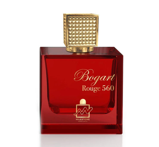Red perfume bottle with gold cap labeled 'Bogart Rouge 560' on a white background