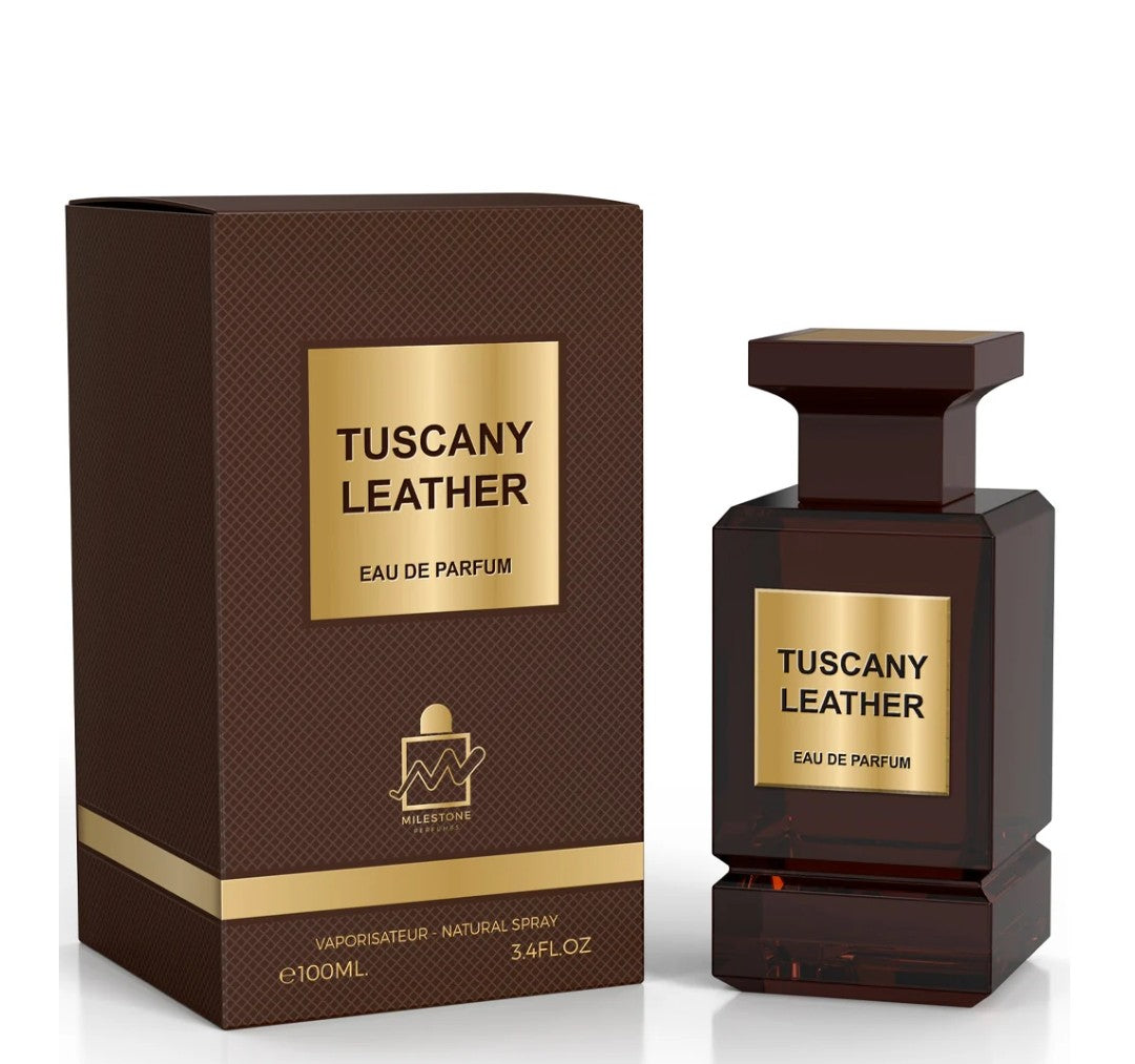 Tuscany Leather perfume bottle and packaging on a white background
