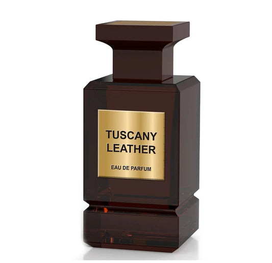 Perfume bottle labeled 'Tuscany Leather' on a white background