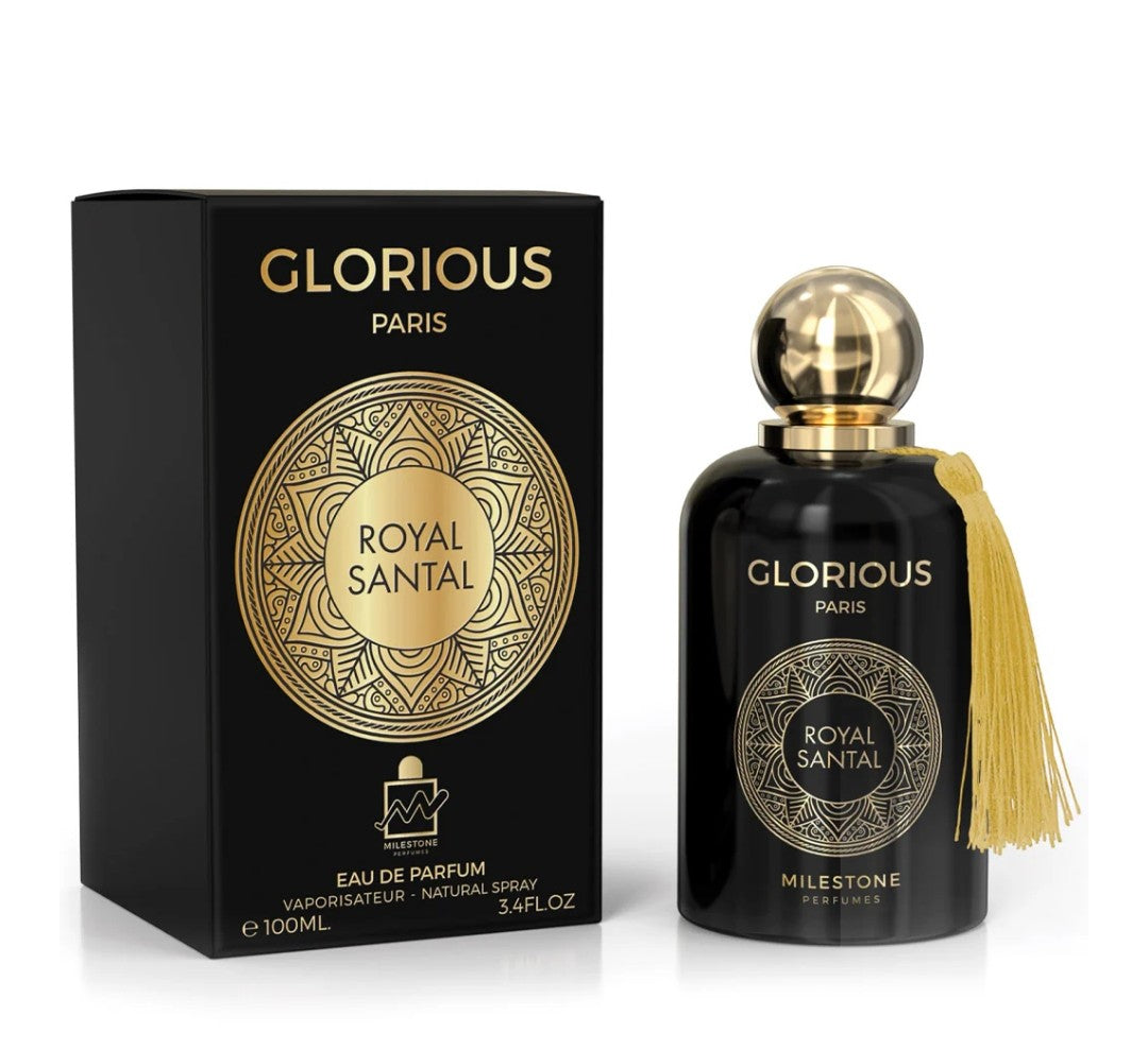 Glorious Paris Royal Santal perfume bottle and packaging on a white background
