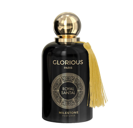 Perfume bottle labeled 'Glorious Paris Royal Santal' with a gold cap and tassel on a white background