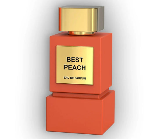 Red perfume bottle with gold cap and label on a light gray background