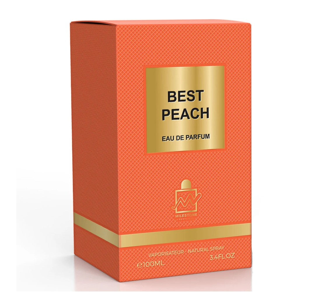 Orange and gold perfume box labeled 'Best Peach' on a white background