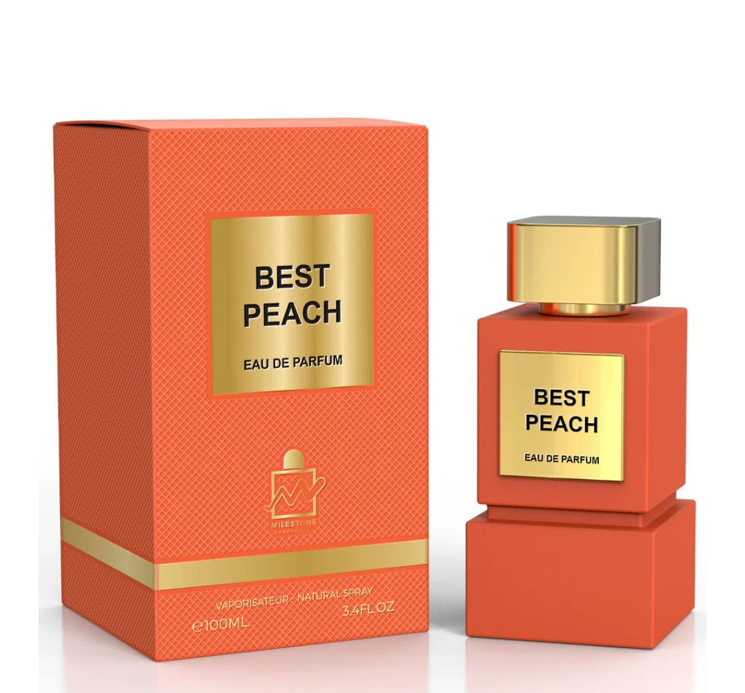 Best Peach Eau de Parfum bottle and packaging on a white background